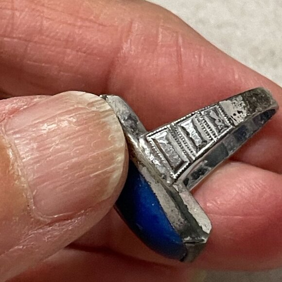 Vintage Genuine Blue Lapis Lazuli Cabochon Rectangular Setting Sterling Ring 4.5 - Picture 4 of 8
